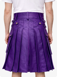 Purple pleated skirt worn by a person on a white background