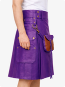 Purple leather skirt with gold buttons and a brown leather pocket on a white background