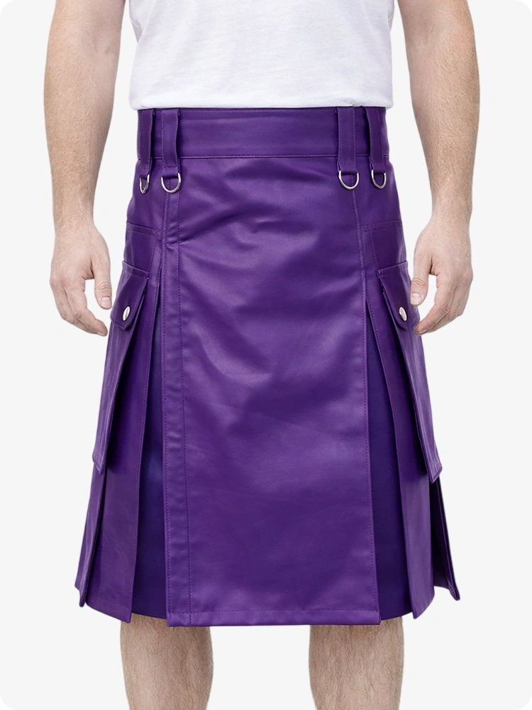 Purple Leather Utility Kilt with Purple Pleats, Side Pockets & D-Ring Hardware