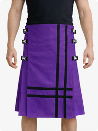 Purple kilt with black accents worn by a person on a white background