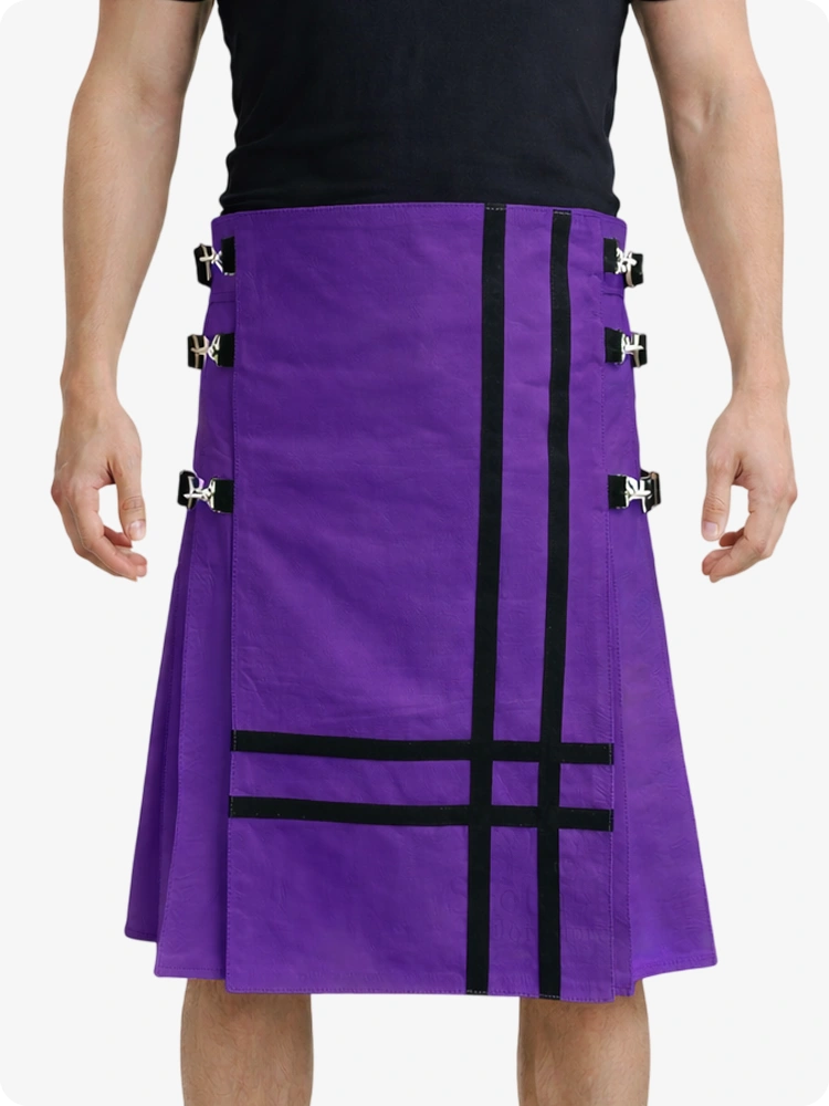 Purple Leather Utility Kilt with Side Buckles & Pleated Back
