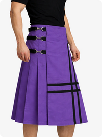 Purple skirt with black straps and accents on a white background