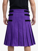 Purple kilt with black straps worn by a person on a white background