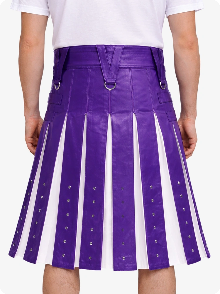 Purple and white pleated skirt worn by a person on a white background