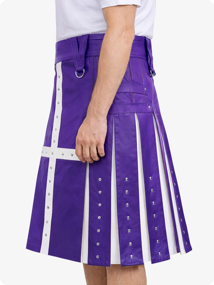 Purple kilt with white accents worn by a person on a white background