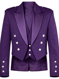 A purple double-breasted blazer with wide lapels, silver decorative studs, and matching purple trousers shown against a plain white background.