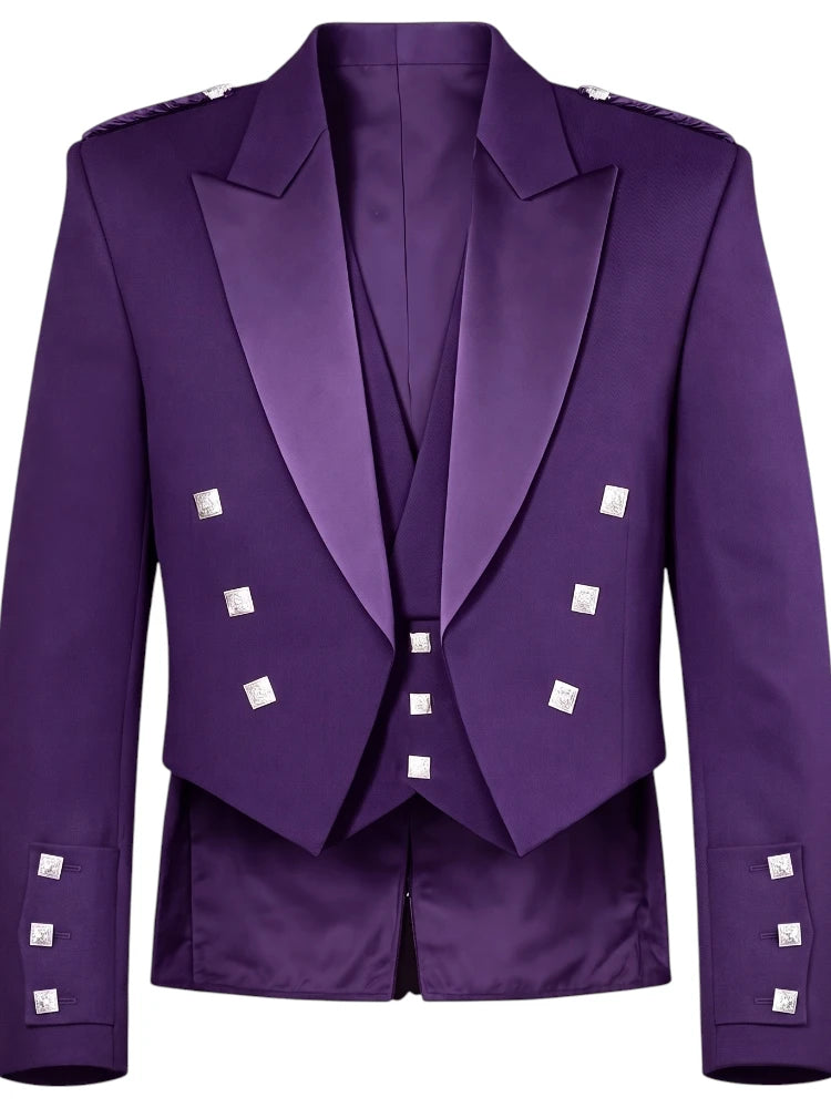 A purple double-breasted blazer with wide lapels, silver decorative studs, and matching purple trousers shown against a plain white background.