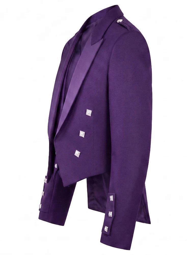 A purple double-breasted blazer with silver-toned decorative buttons, shown in a side profile view against a plain white background.