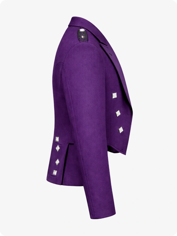 Purple Prince Charlie Kilt Jacket with Satin Lapels & Silver Square Buttons