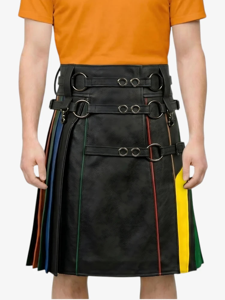 Regenbogen Kilt mit Leder Ringriemen