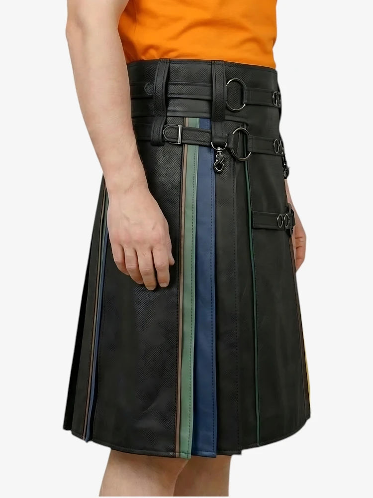 Regenbogen Kilt mit Leder Ringriemen