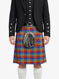 Person wearing a black jacket and colorful plaid kilt on a white background
