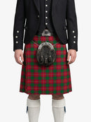 Person wearing a traditional Scottish kilt with a tartan pattern on a white background