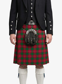 Person wearing a traditional Scottish kilt with a tartan pattern on a white background