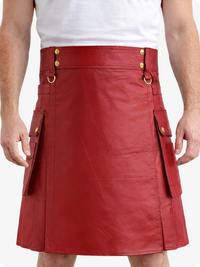 Red Genuine Leather Utility Kilt with Cargo Pockets & D-Rings