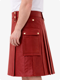 Red Genuine Leather Utility Kilt with Cargo Pockets & D-Rings