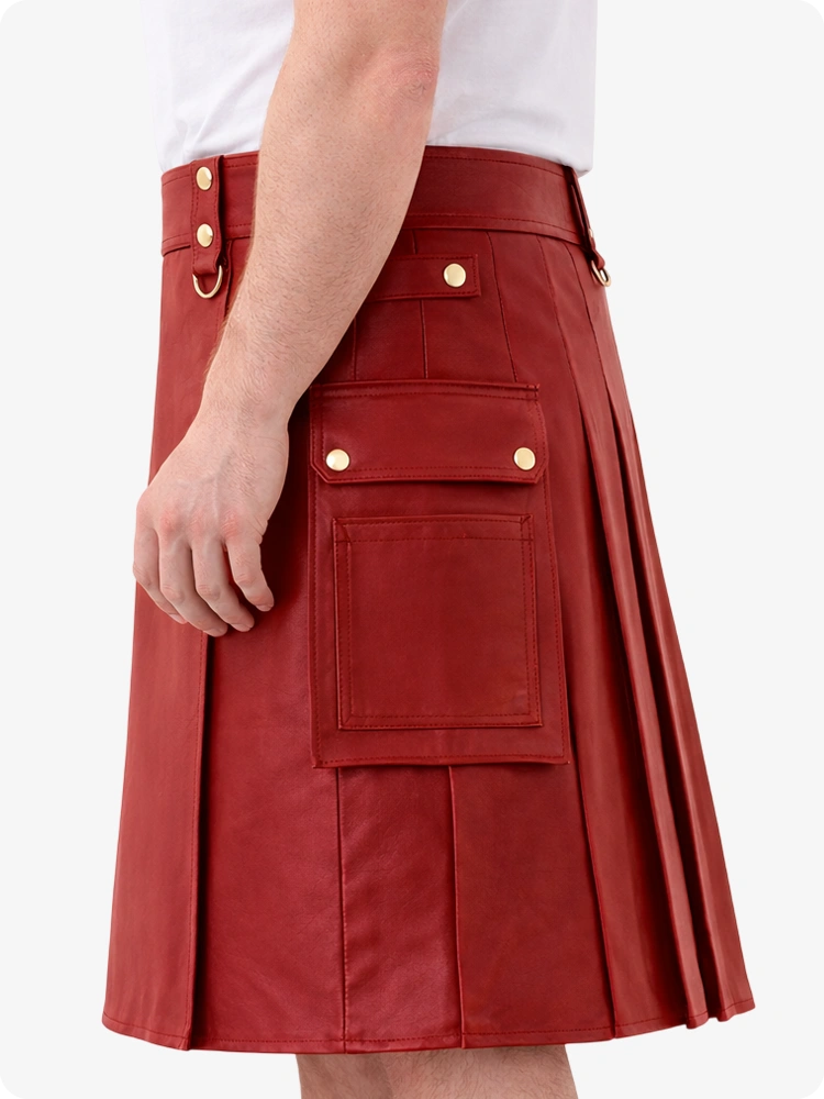 Red Genuine Leather Utility Kilt with Cargo Pockets & D-Rings