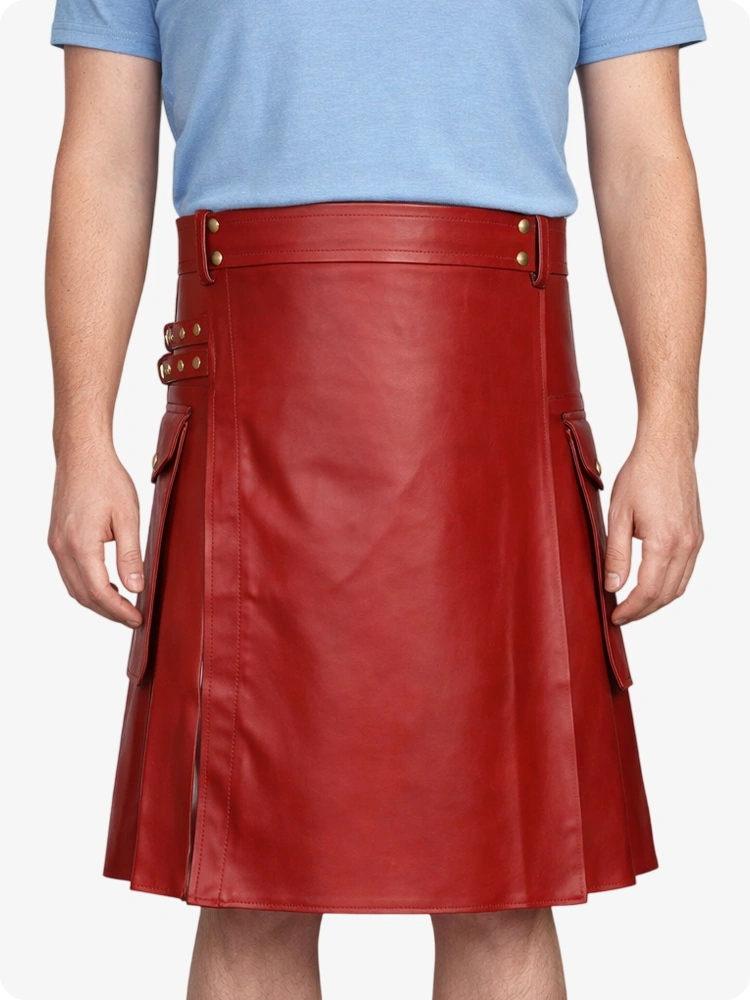 Red Genuine Leather Utility Kilt with Side Pockets