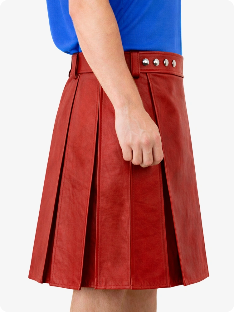 Roter Utility-Kilt aus echtem Leder mit Nietenbund