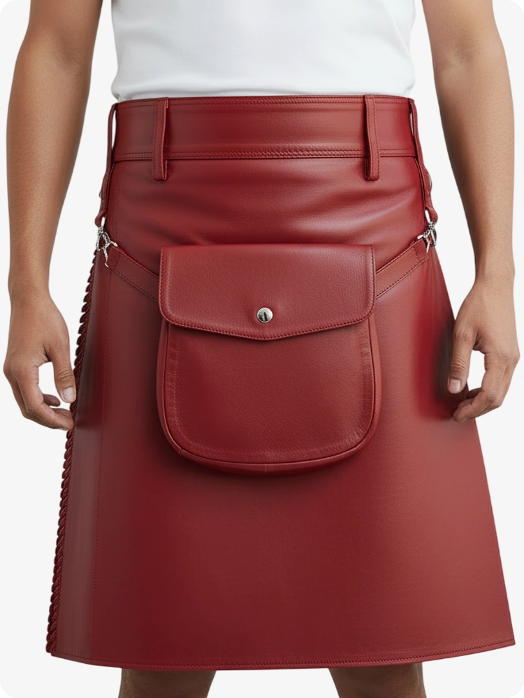 Roter Leder Faltenkilt mit Gürtelschlaufen & Seitenriemen