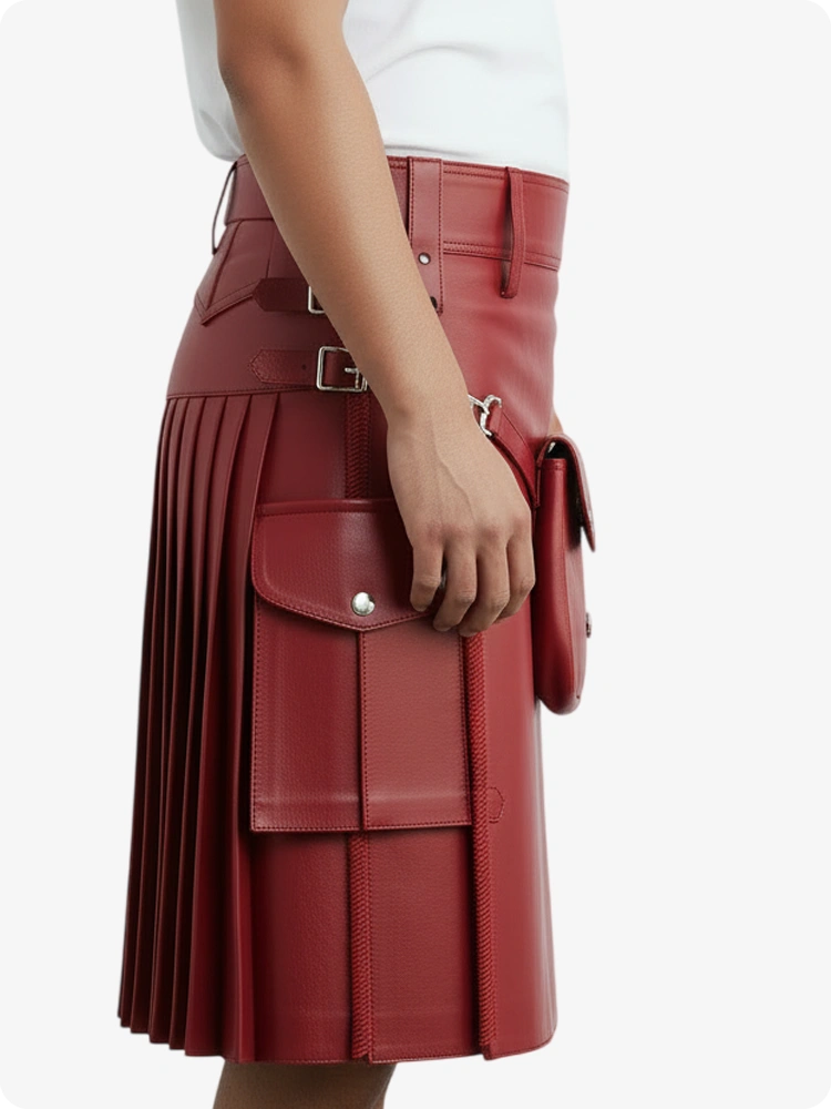 Roter Leder Faltenkilt mit Gürtelschlaufen & Seitenriemen
