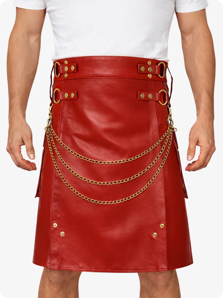 Red Leather Utility Kilt with Chain Detailing & Adjustable Straps
