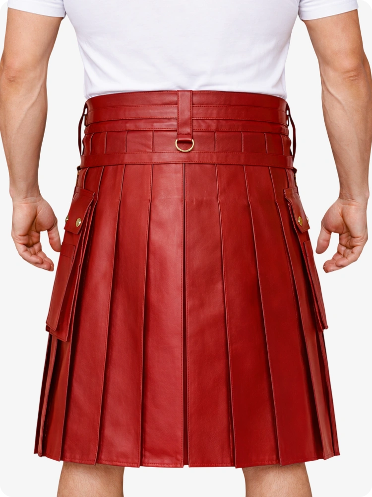 Red Leather Utility Kilt with Chain Detailing & Adjustable Straps