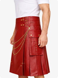 Red Leather Utility Kilt with Chain Detailing & Adjustable Straps