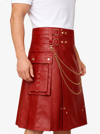 Red Leather Utility Kilt with Chain Detailing & Adjustable Straps