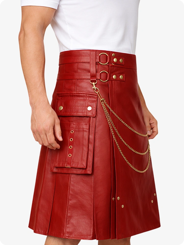 Red Leather Utility Kilt with Chain Detailing & Adjustable Straps