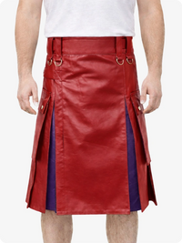 Red Leather Utility Kilt with Purple Pleats, Side Pockets & D-Ring Hardware