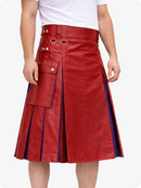 Red leather skirt with blue accents worn by a person on a white background