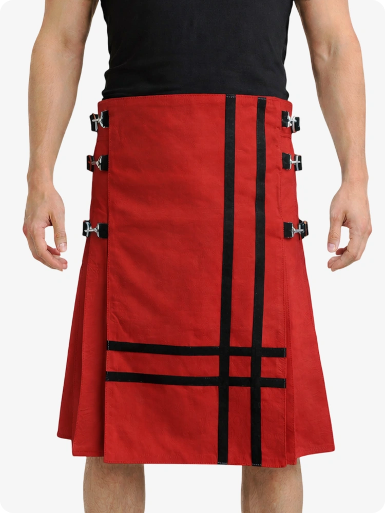 Red Leather Utility Kilt with Side Buckles & Pleated Back