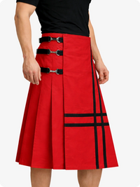 Red skirt with black straps and accents on a white background