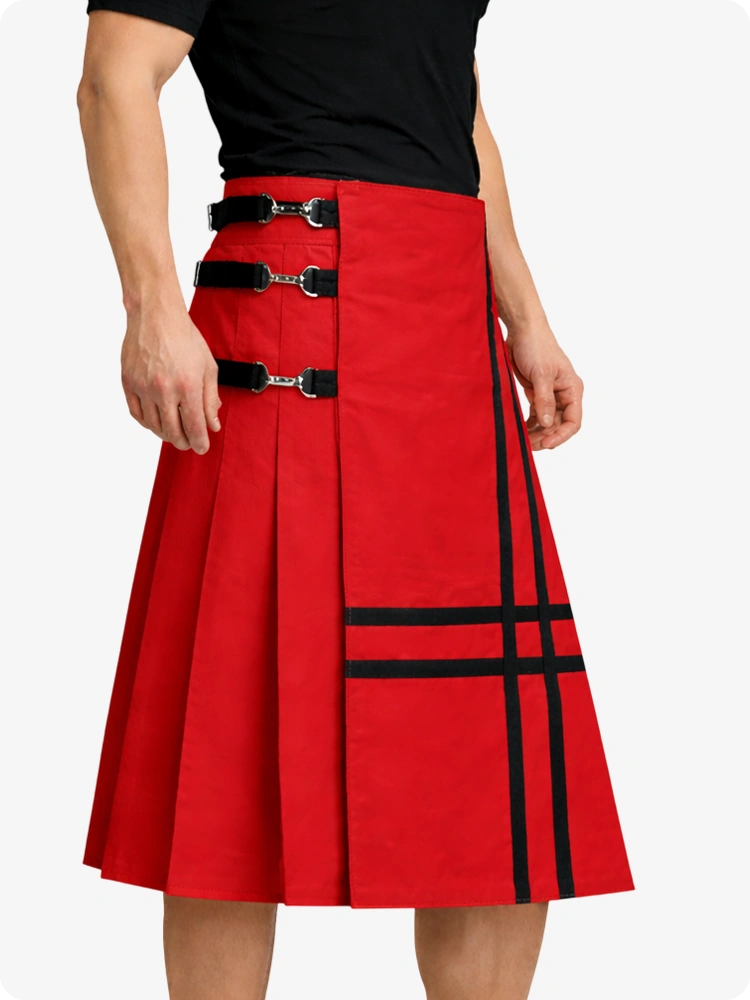 Red Leather Utility Kilt with Side Buckles & Pleated Back