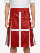 Red leather skirt with white accents worn by a person on a white background