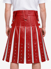 Red leather skirt with white accents worn by a person on a white background