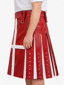 Red leather kilt with white accents on a plain background