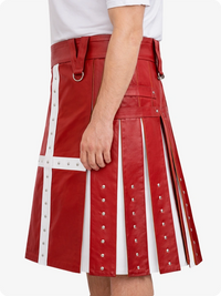 Red leather kilt with white accents on a plain background
