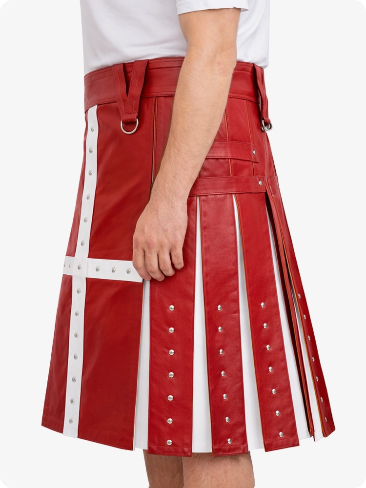Red leather kilt with white accents on a plain background
