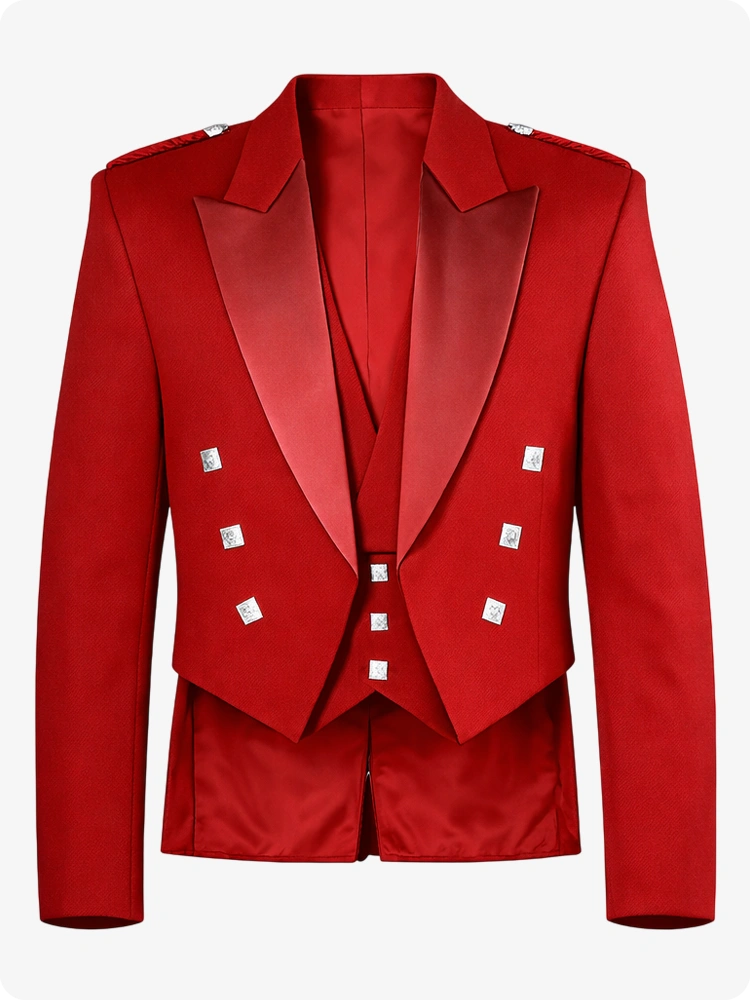 Red Prince Charlie Kilt Jacket with Satin Lapels & Silver Square Buttons