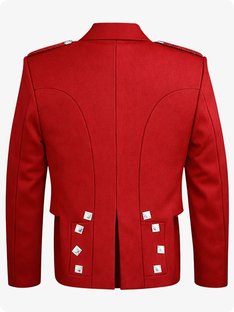 Red military-style jacket on a white background