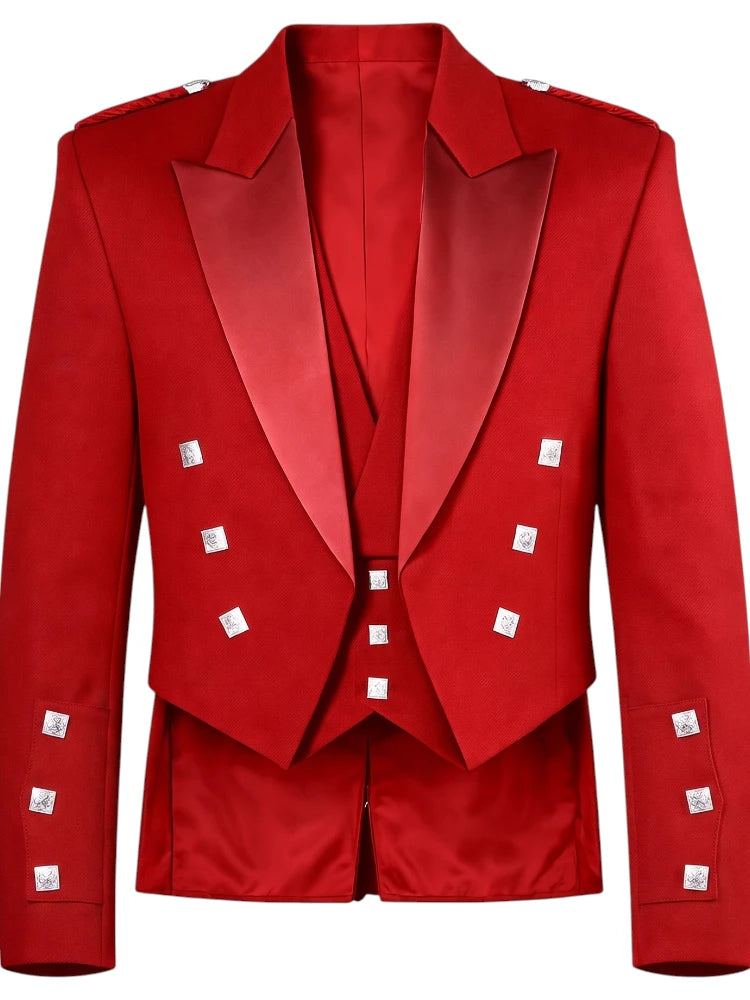 A bright red double-breasted blazer with satin peak lapels and decorative silver square buttons, shown against a plain white background.