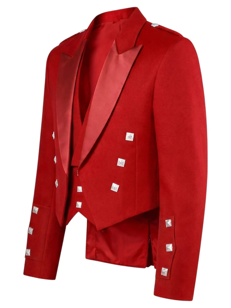 A bright red double-breasted blazer with satin peak lapels and decorative silver-toned square buttons, shown on a plain white background.