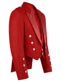 A red double-breasted blazer with satin lapels and decorative silver-toned buttons, shown on a plain white background.