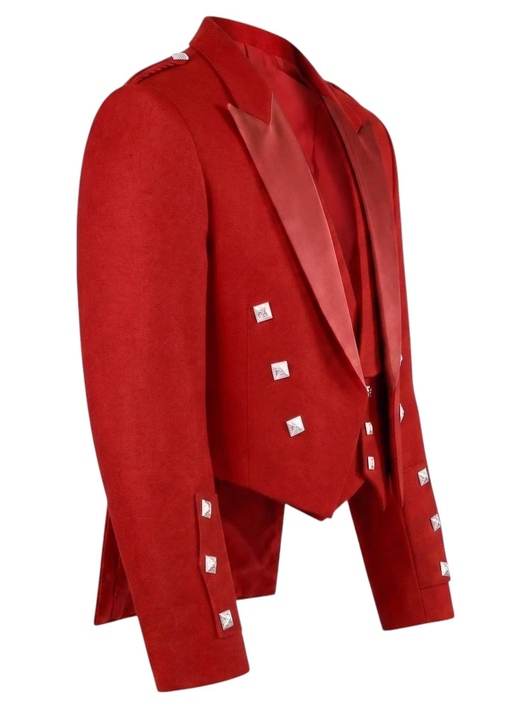 A red double-breasted blazer with satin lapels and decorative silver-toned buttons, shown on a plain white background.