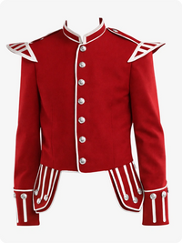 Red military-style jacket with white accents on a white background
