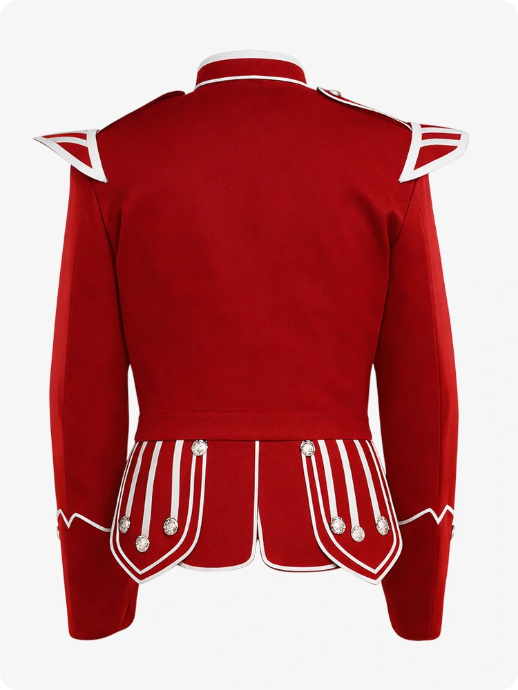 Red military-style jacket with white accents on a white background