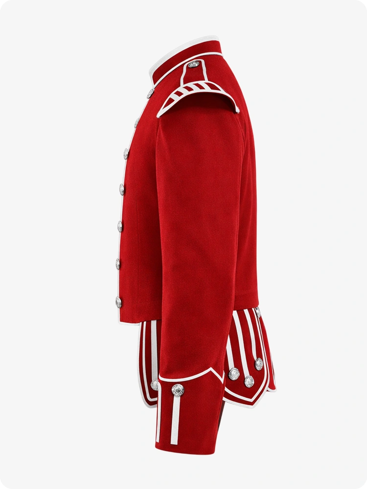 Red military-style jacket with white accents on a white background