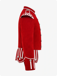 Red military-style jacket with white accents on a white background